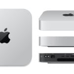 Apple Mac Mini shown from the top, front, side, and back angles, highlighting its compact, square design and various ports on the rear panel.
