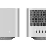 Front and rear views of a compact silver desktop computer, showing various ports including USB, power, Ethernet, HDMI, and ventilation.