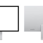 Front and rear view of a silver desktop computer monitor with a blank screen, a stand, and an Apple logo on the back.
