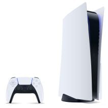 A PlayStation 5 console standing vertically next to a matching wireless controller on a white background.